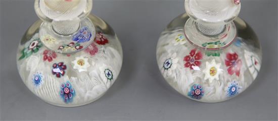 A pair of French millefleur glass paperweight pen holders / vases, possibly 19th century, height 14cm